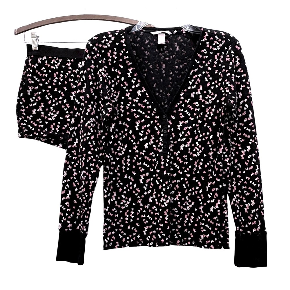 Victorias Secret Waffle Knit Pajama Set Heart Print Top & Shorts Black Pink M